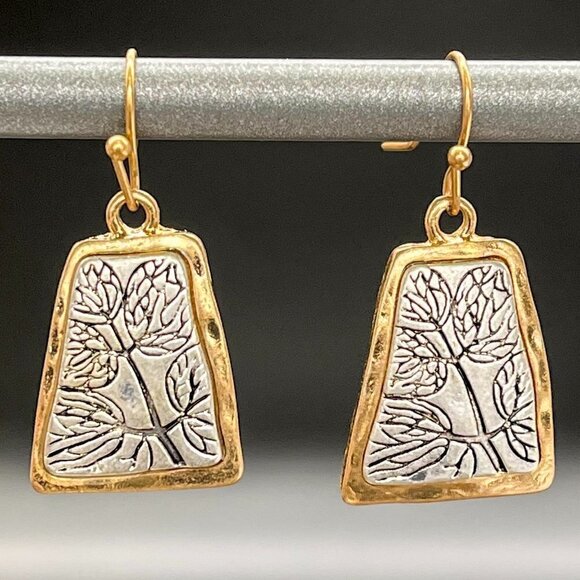 Etched Leaf Drop Earrings Two Tone - Picture 6 of 6